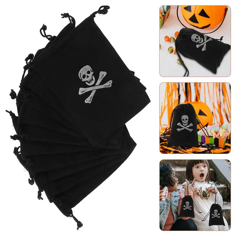 Halloween pirata bolsa, saco de doces com cordão, halloween crânio armazenamento saco, 10pcs