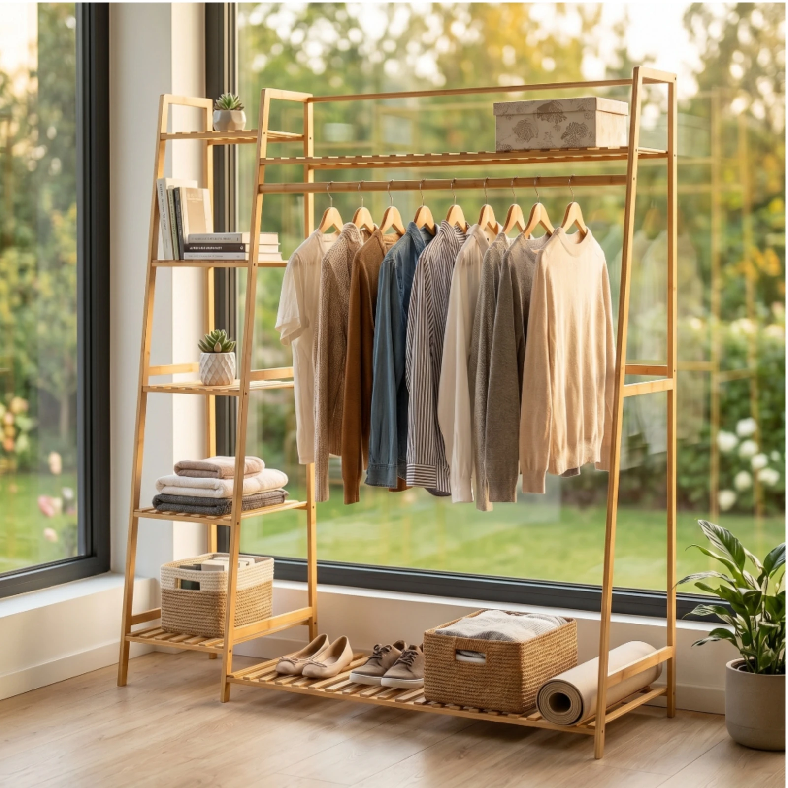 Bamboo Clothing Rack with Shelves Modern Freestanding Garment Rack with Shelves Furniture Wood for Bedroom, Walk-in Closet view 5