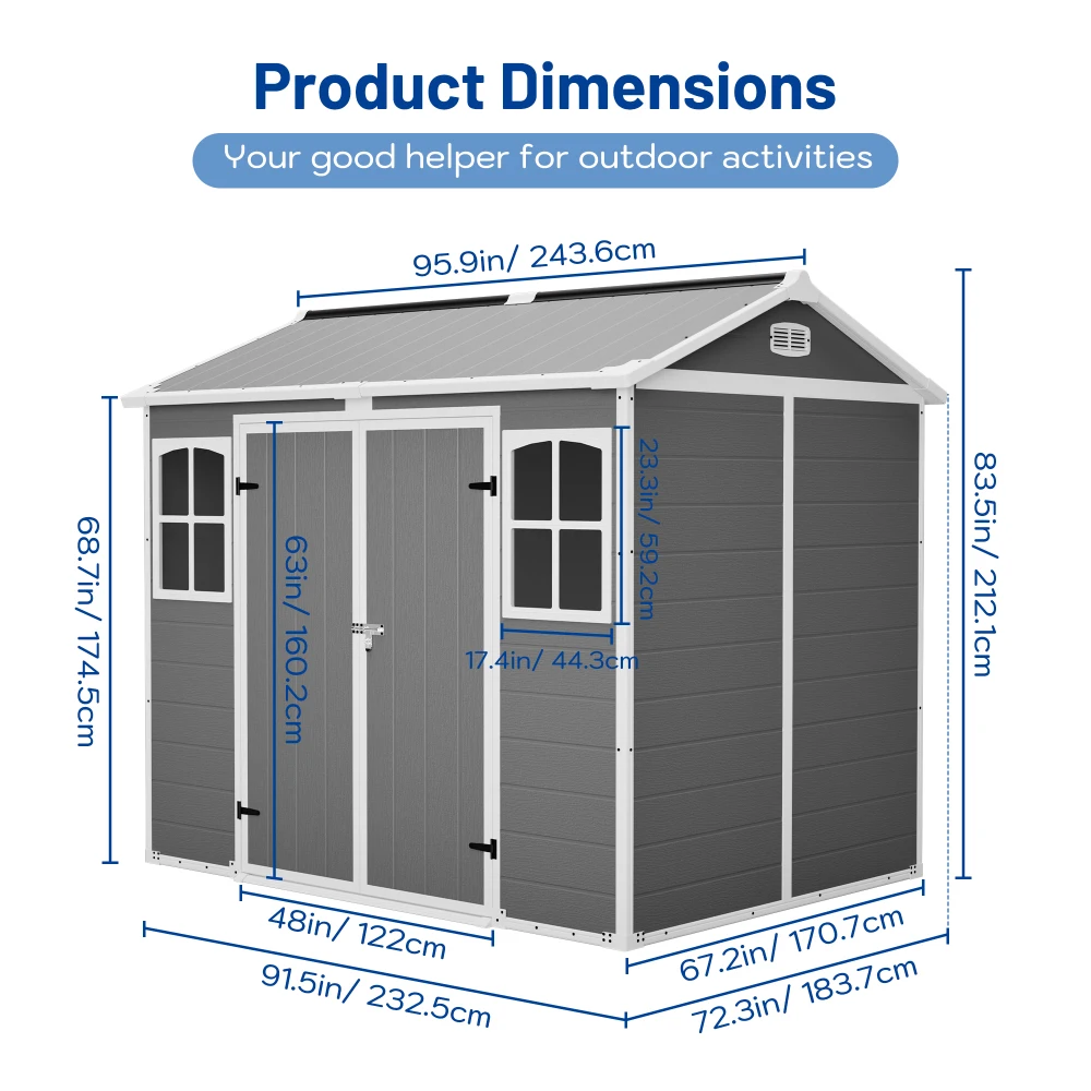Plastic Utility Shed 8x6 ft with Floor – Lockable Storage Shed for Garden Tools & Trash Bins, All-Weather Outdoor Organizer in Gray-White
