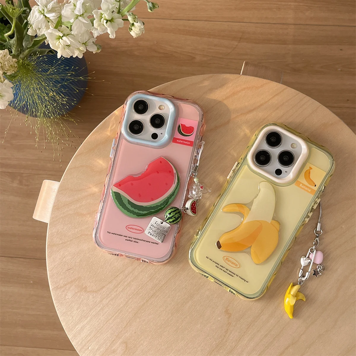 

New three-dimensional watermelon and banana strap pendant Phone Case For iPhone 16 15 14 13 Pro Max fundas case Protective cover