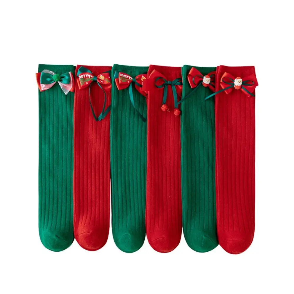 Kawaii Middle Tube New Year Red Socks Green Cotton Christmas Socks Princess Thicken Bow Hosiery for Kids For Girls