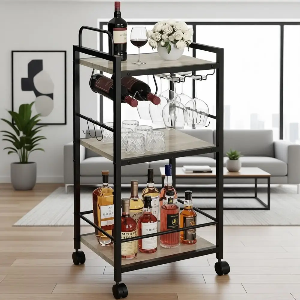 

Трехуровневая кухонная тележка на колесиках с держателями для стаканов и подставкой для вина, цвет серо-бежевый, 13D x 17W x 33.8H