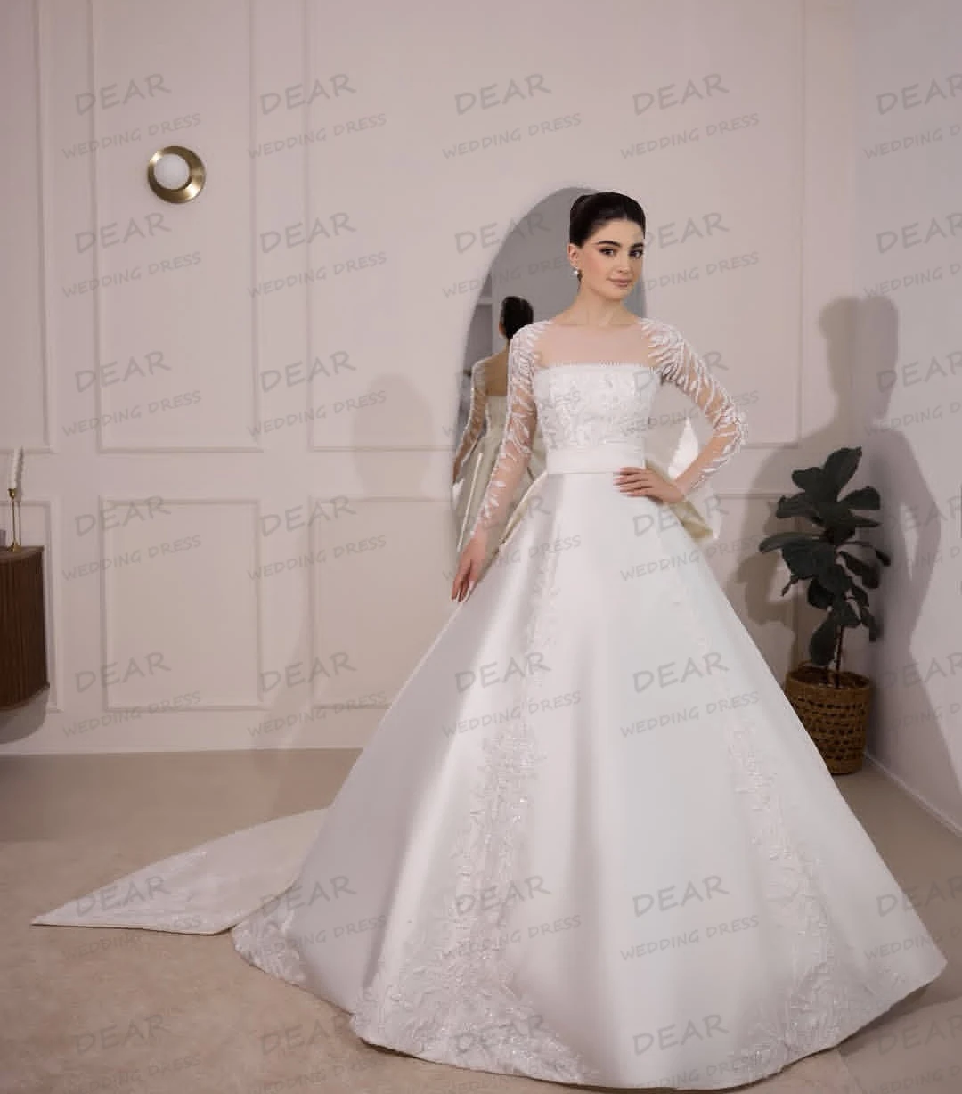Apliques de luxo vestidos de casamento sexy uma linha manga longa vestidos de noiva feminino barco pescoço formal cetim personalizado vestidos de novia