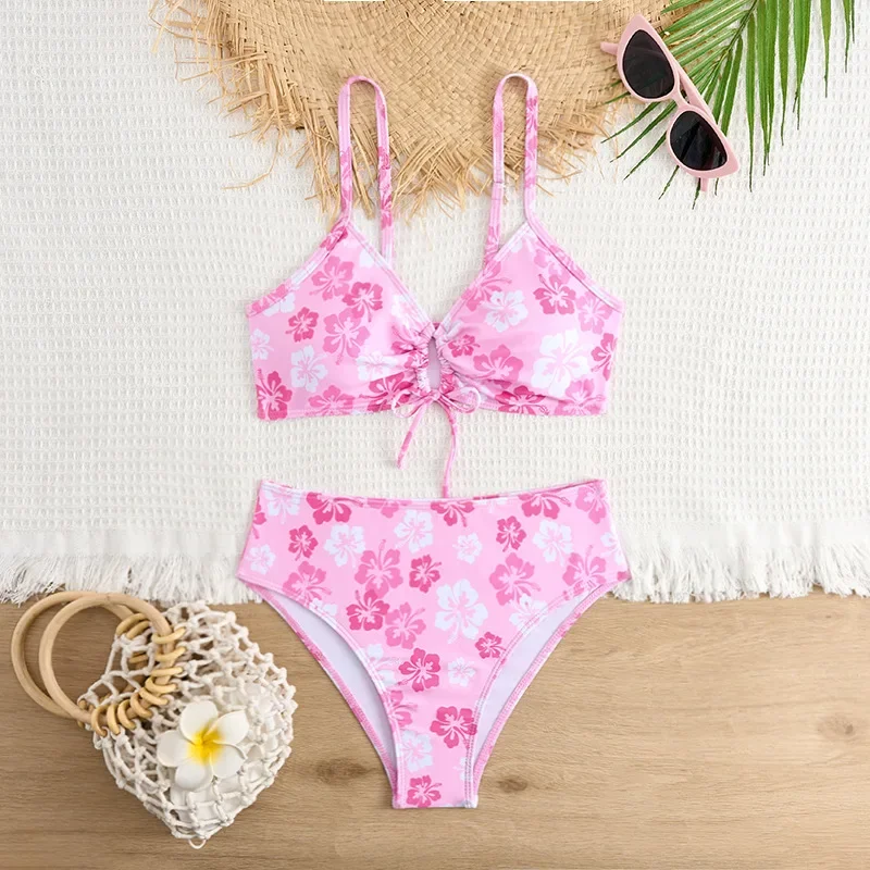 Pink Floral Print Mid Waist Bikinis Women 2024 Cut Out Two Pieces Swimsuit Beach Wear Separate Bikini Set Swim Bathing Suits