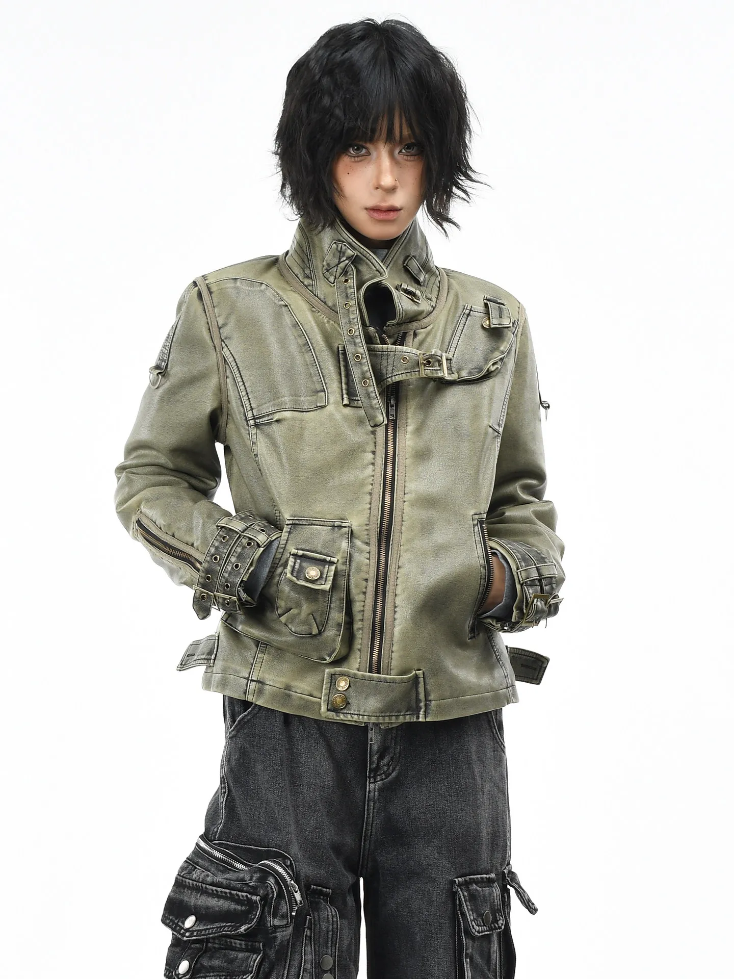 Outono inverno estilo punk americano gola workwear jaqueta de algodão verde para mulheres rebites cinza jaqueta de couro do plutônio