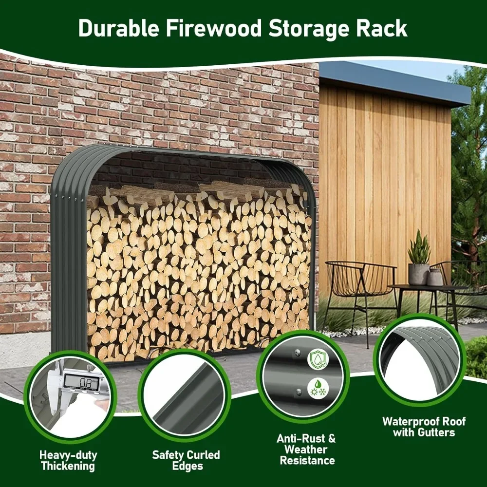 2-Set Galvanized Steel Firewood Storage Shed Outdoor Corrugated Metal Log Rack, Heavy Duty Log holder Lumber Storage Stand