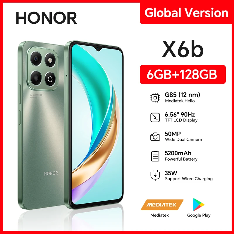 HONOR X6b, 6GB+128GB, 6.56인치 화면 스마트폰, 듀얼 SIM, 50MP 와이드 듀얼 카메라, 고속 충전, Android 휴대폰 