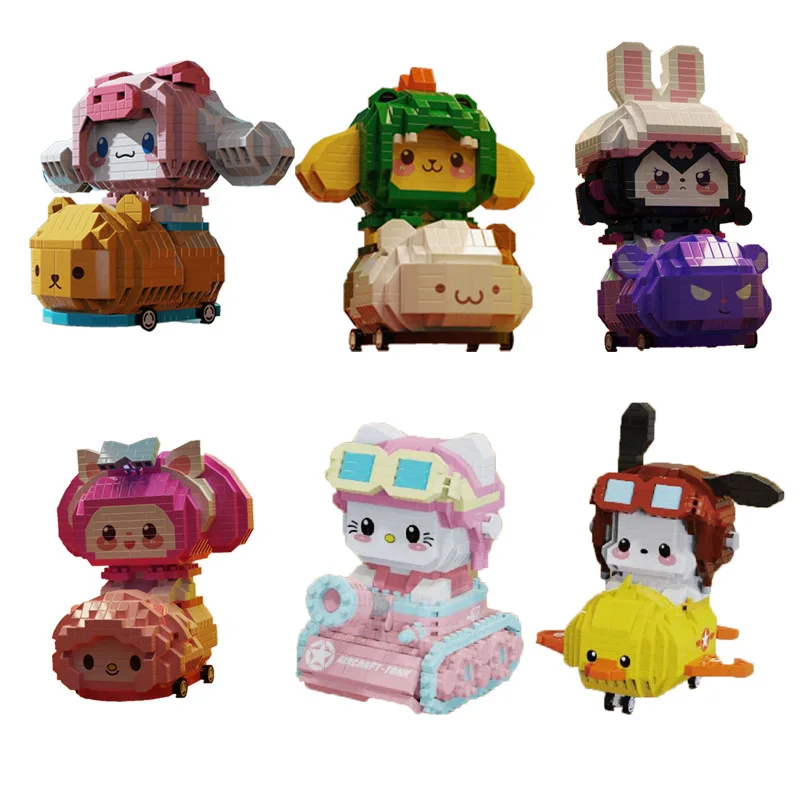 Fashion Sanrio Assembled Model Bricks Karting Kuromi Cinnamoroll Pom Pom Purin Toy Girl Cartoon Kids Building Blocks Gifts