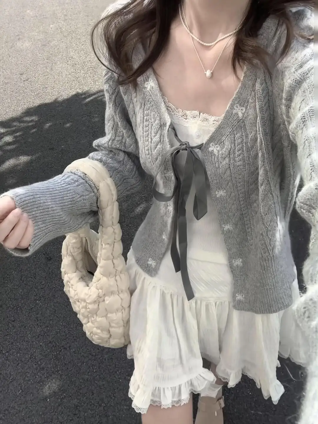 Korean Sle  Knot Tied Knitted Open Cardigan Women's College Sle Knitted Jaet Autumn Faion Women's Wear