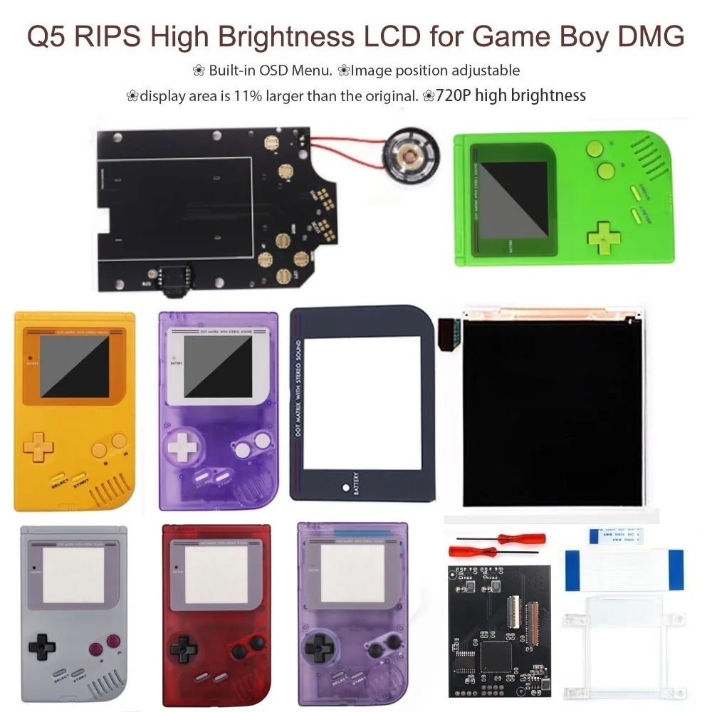 

For GBO OSD FRM Q5 Larger Size RIPS LCD IPS Screen Mod Kits Multiful Choice Shell, Lens For GAMEBOY DMG GBO with Speaker
