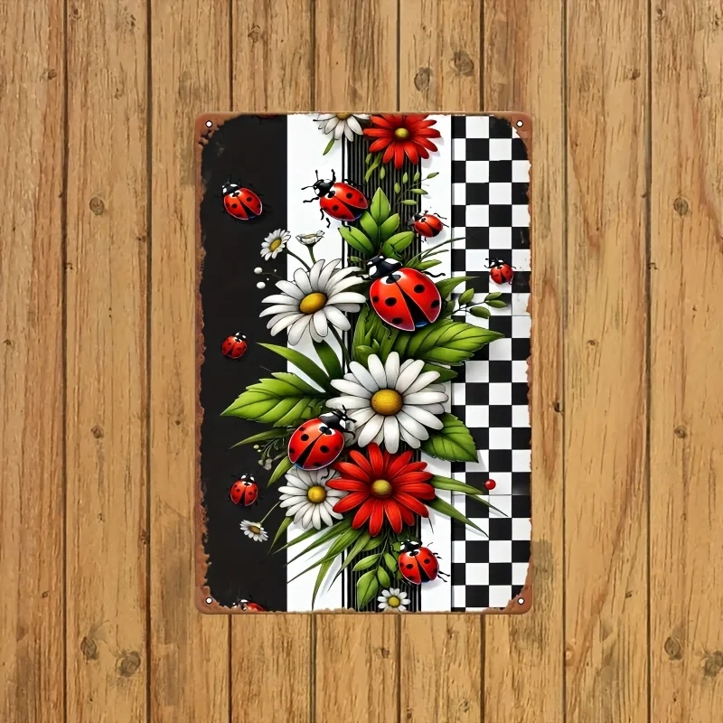 2D flat, 2D wall art - 1pc, daisies and ladybugs on black and white chessboard - vintage metal  painting, decorative art