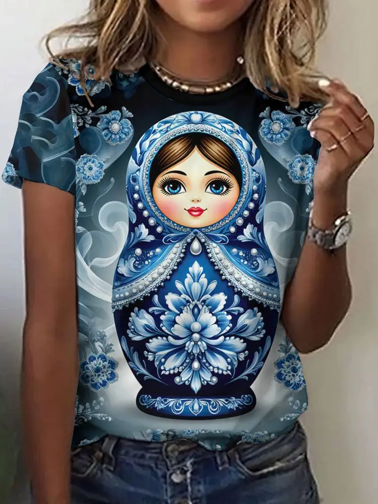 Russian Style T-Shirts Matryoshka Doll 3D Print Women's Round-Neck Short Sleeve T Shirt Harajuku Tees Y2k Tops Female Clothing
