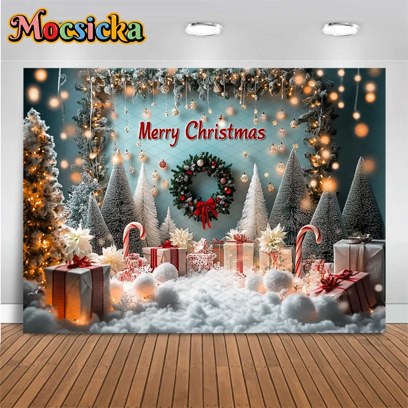 Mocsicka عيد ميلاد سعيد خلفية التصوير الفوتوغرافي اطلاق النار الدعائم شجرة عيد الميلاد الثلوج الهدايا الديكورات الأطفال الكبار الأسرة خلفيات الحفلات