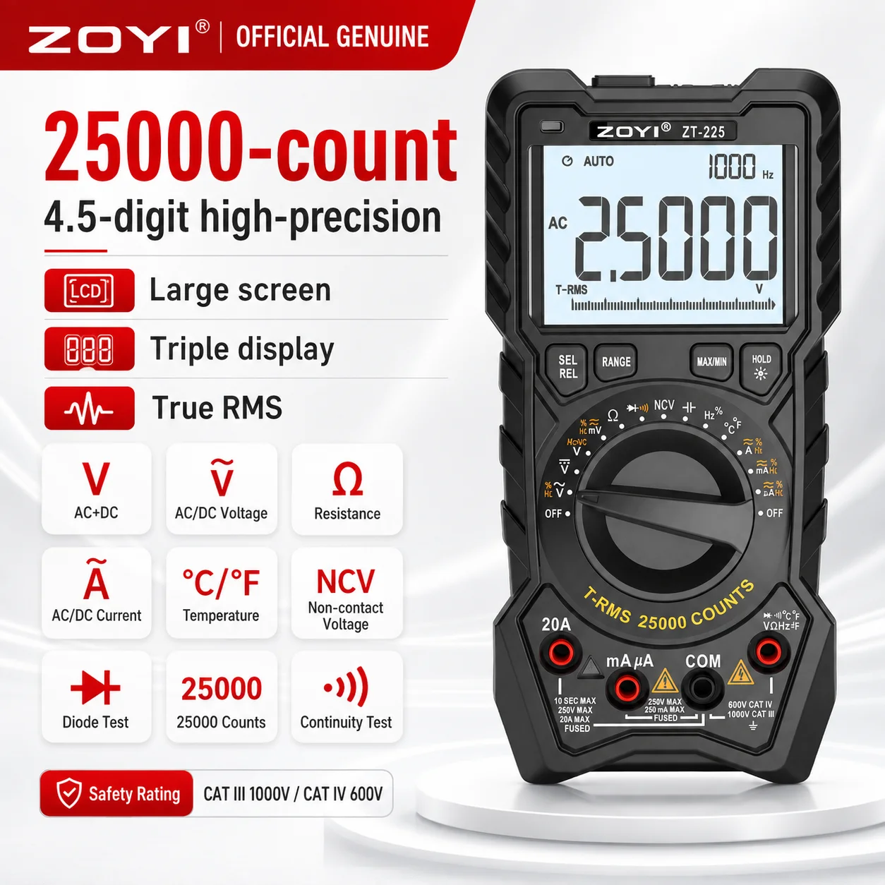 ZOYI ZT-225 25000 Counts High Precision Auto Range Digital Multimeter Anti-Burn for Electrician Home Circuit Maintenance