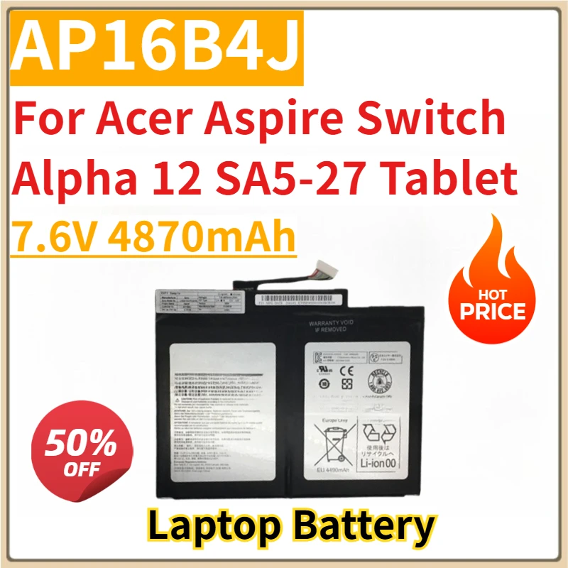 New Replacement Laptop Battery 7.6V 4870mAh AP16B4J for Acer Aspire Switch Alpha 12 SA5-27 Tablet