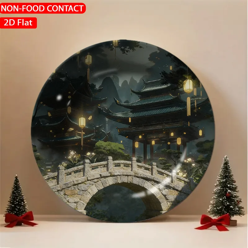 1pc Oriental Glowing Ceramic Plate - Asian-Themed Architectural Bridge Non-Food Contact Suitable for Home Desk Decor, Table