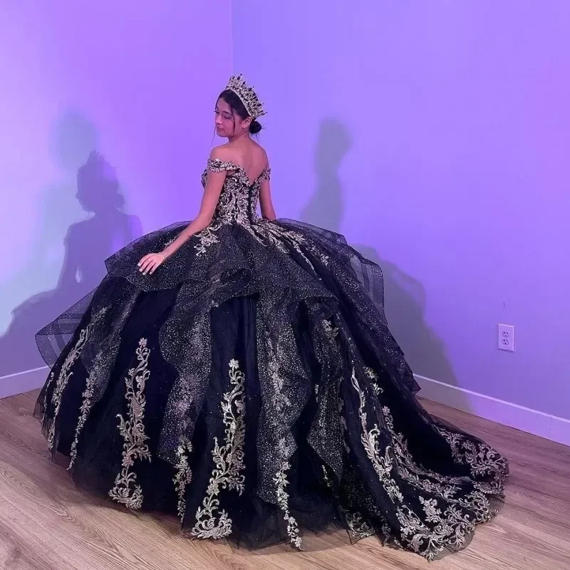 ANGELSBRIDEP Black Sequin Corset Quinceanera Dresses Ball Gown 2024 Lace Appliqued Long Princess Sweet 16 Dresses Wedding Gown