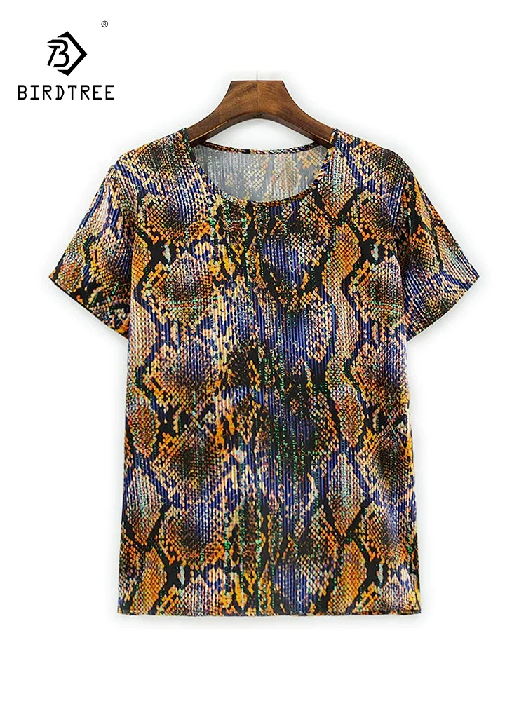 

Элегантная футболка BirdTree из шелка, с круглым вырезом и короткими рукавами с принтом, женский темпераментный сексуальный универсальный свободный топ, осенняя новинка 2023 года T5N632CC