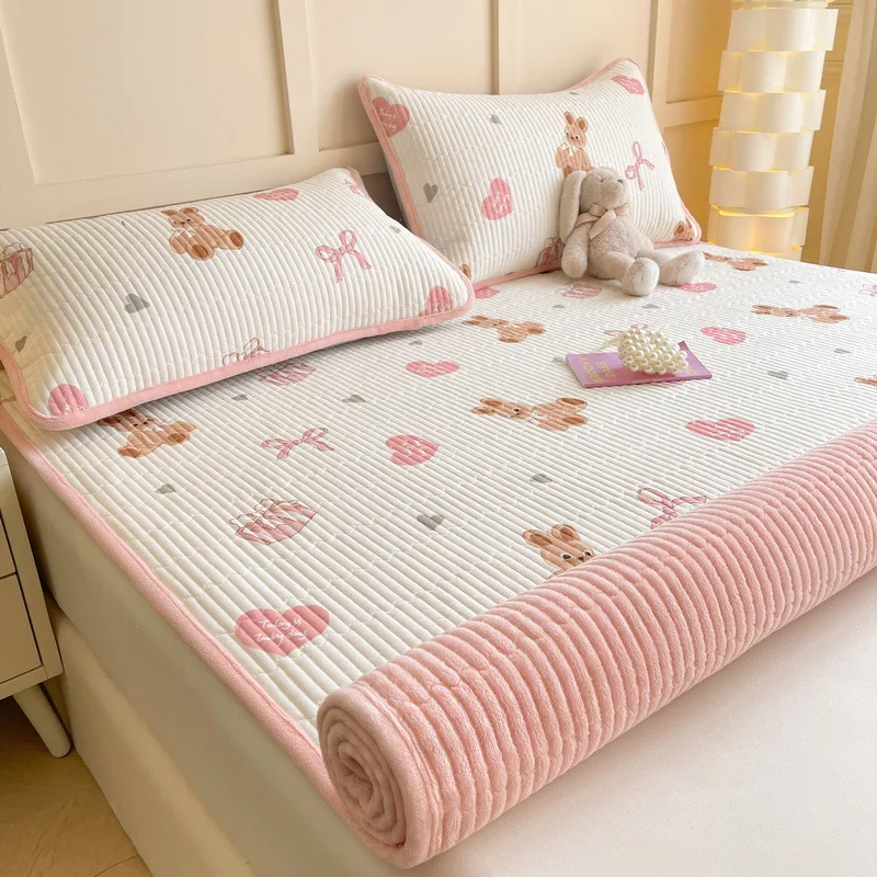 A-Class Milk Velvet Quilted Printed Mattress Luxury Cartoon Pattern Non-Slip Mat Single Four Seasons Soft Cushion for Dorm Home