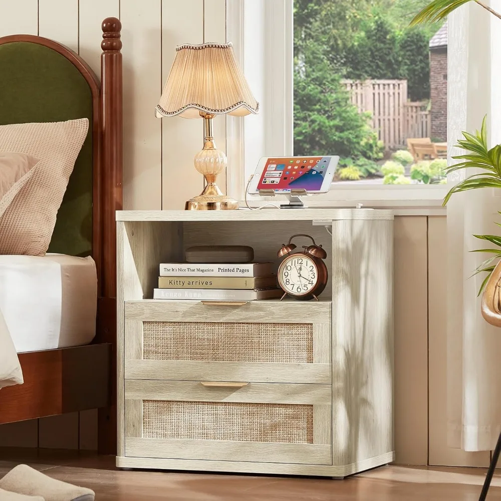 منضدة الروطان المزدوجة على الطراز البوهيمي مع شحن وتخزين لغرفة النوم باللون الرمادي والأبيض