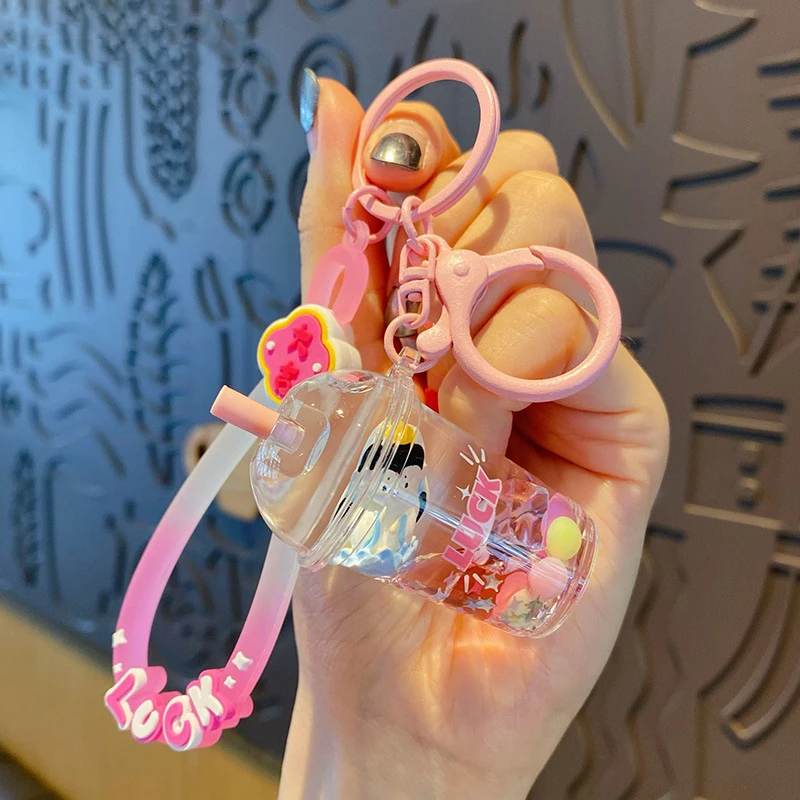 Cartoon Lotus Bodhisattva Quicksand Spherical Bottle Keychain Luck Turns Rich Floating Sequin Bead Milk Tea Cup Liquid Key Chain