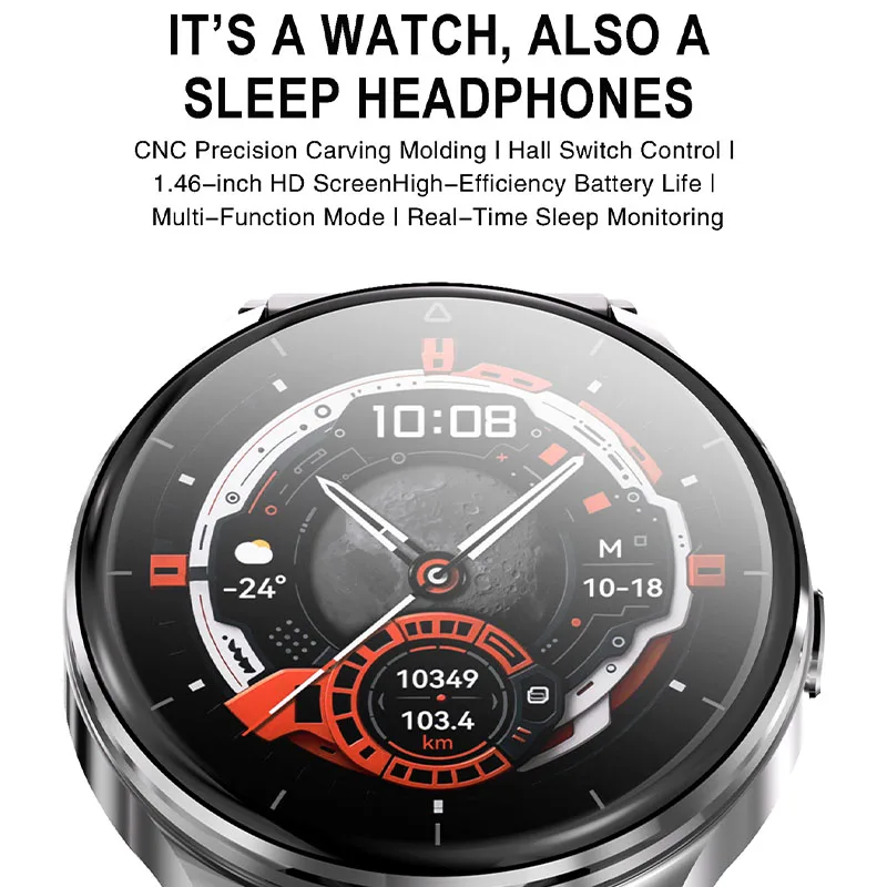 Latest Smartwatch With Built‑in Wireless Earphones BT Call IP67 Multi‑Sport Heart Rate Monitor 1.45