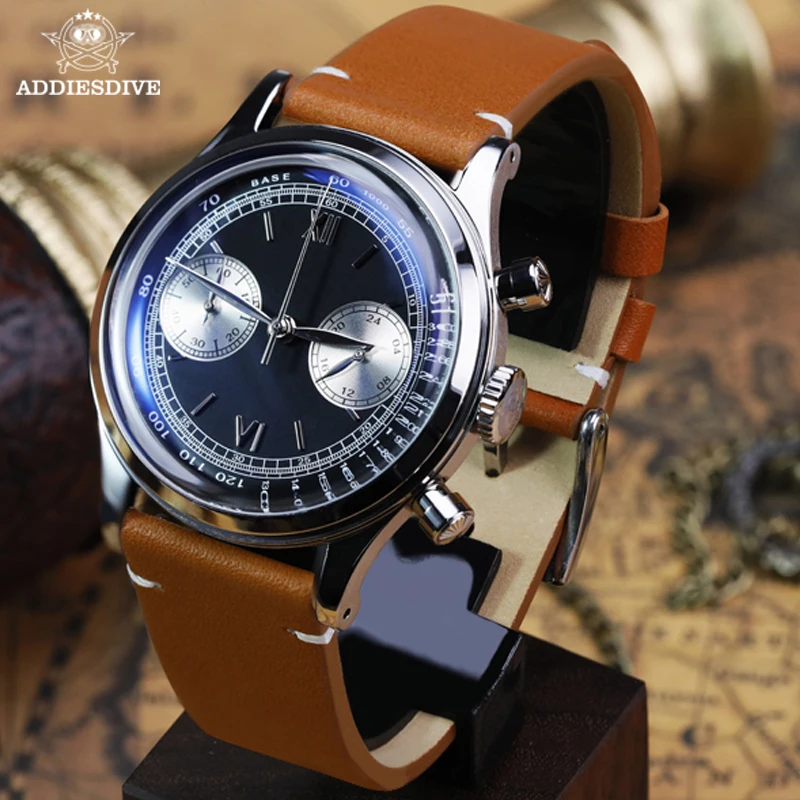 ADDIESDIVE 2024 Men watches Quartz Watch Men Sport waterproof 10 Bar Chronograph AR Glass VK64 Retro Leather WristWatch New