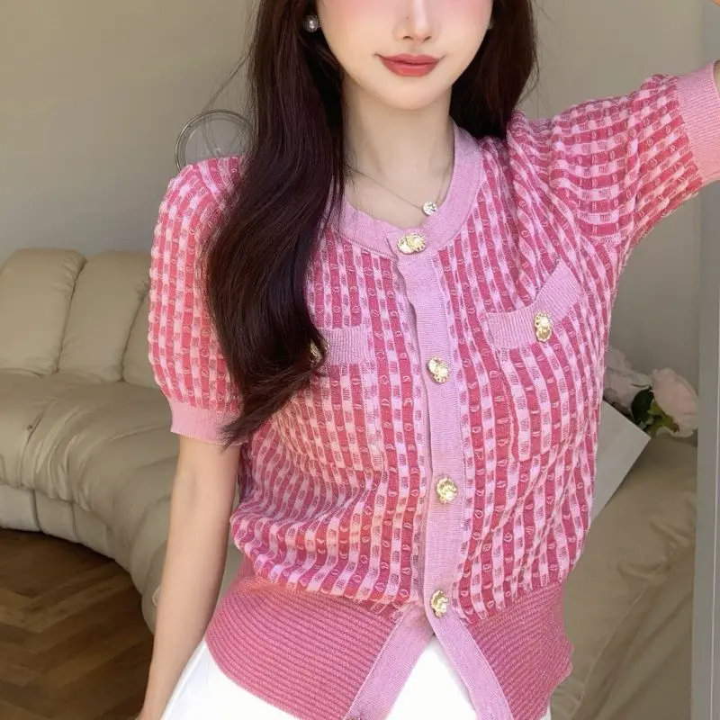 

Office Lady Summer Short Sleeve Thin Button T-shirt Women Clothing Vintage Chic Plaid Tops Fashion Causal Loose Cardigan