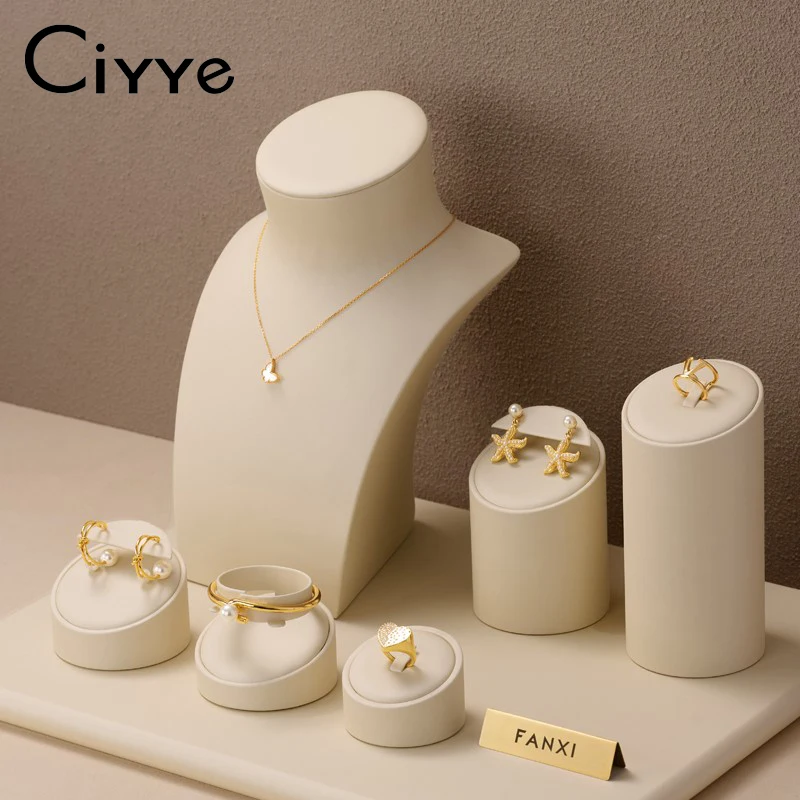 Ciyye Beige Jewelry Counter Display Set Props Shop Cabinet Display for Necklace Earring Ring Jewelry Stand Storage Organizer Set