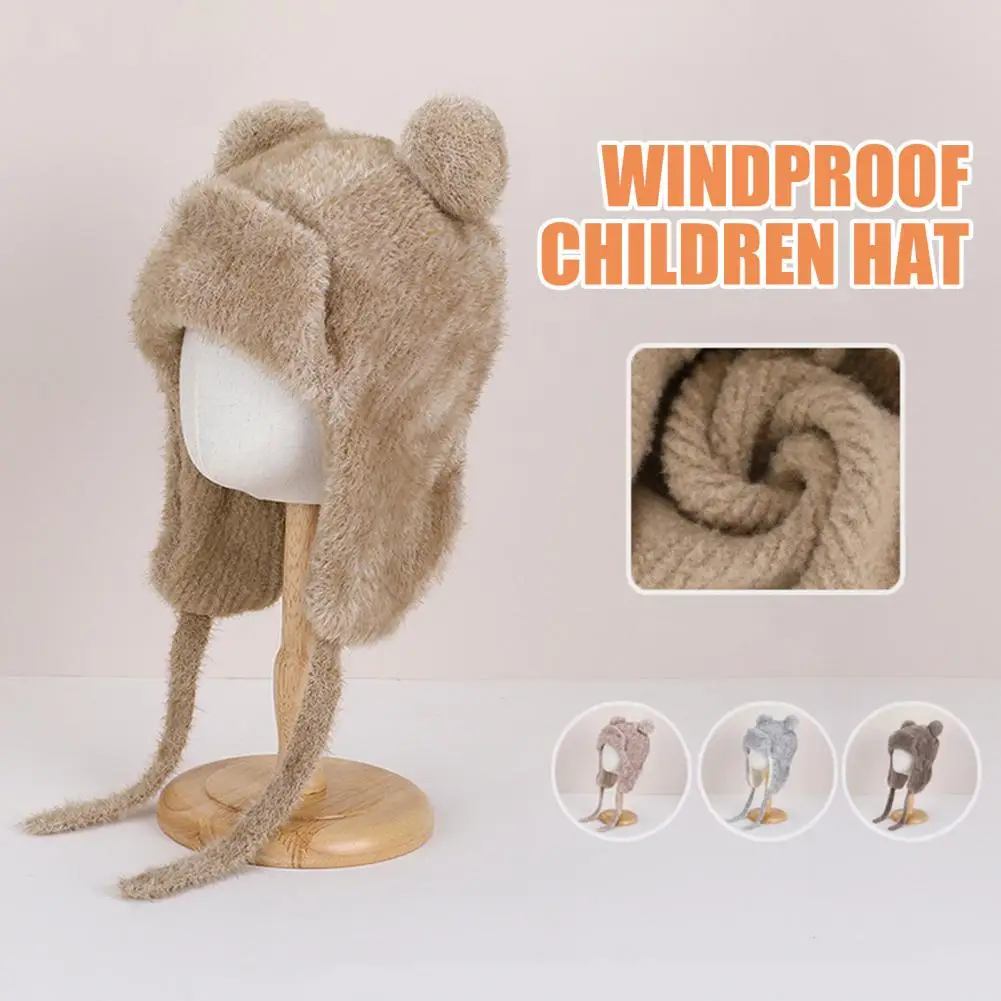 Children Hat Children's Winter Hat with Windproof Rope Cartoon Bear Plush Headwear Soft Elastic Warm Cap for Boys Girls Warm