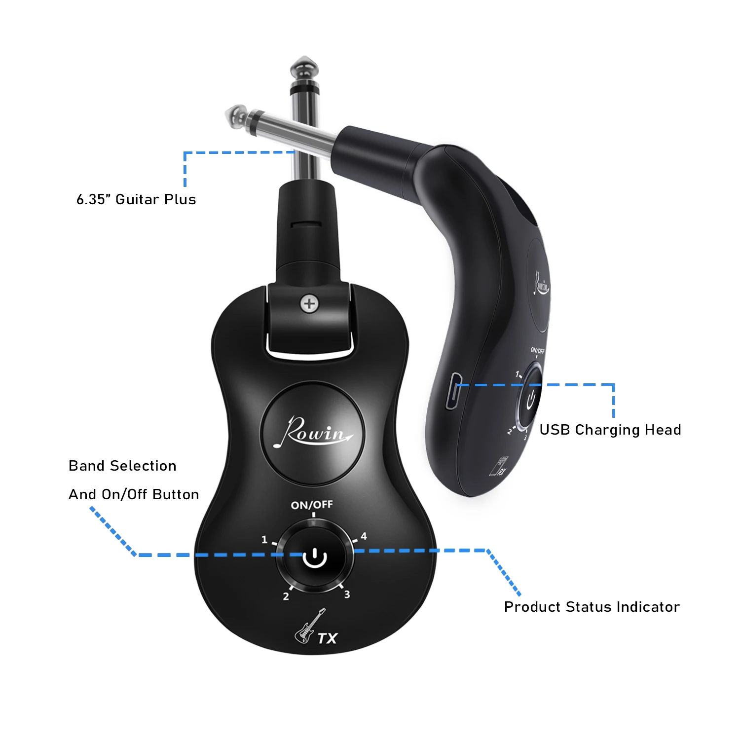 Rowin  Wireless Guitar System Transmitter & Receive for Electric Guitar Bass Violin with Amp Chargeable Digital Transmitter