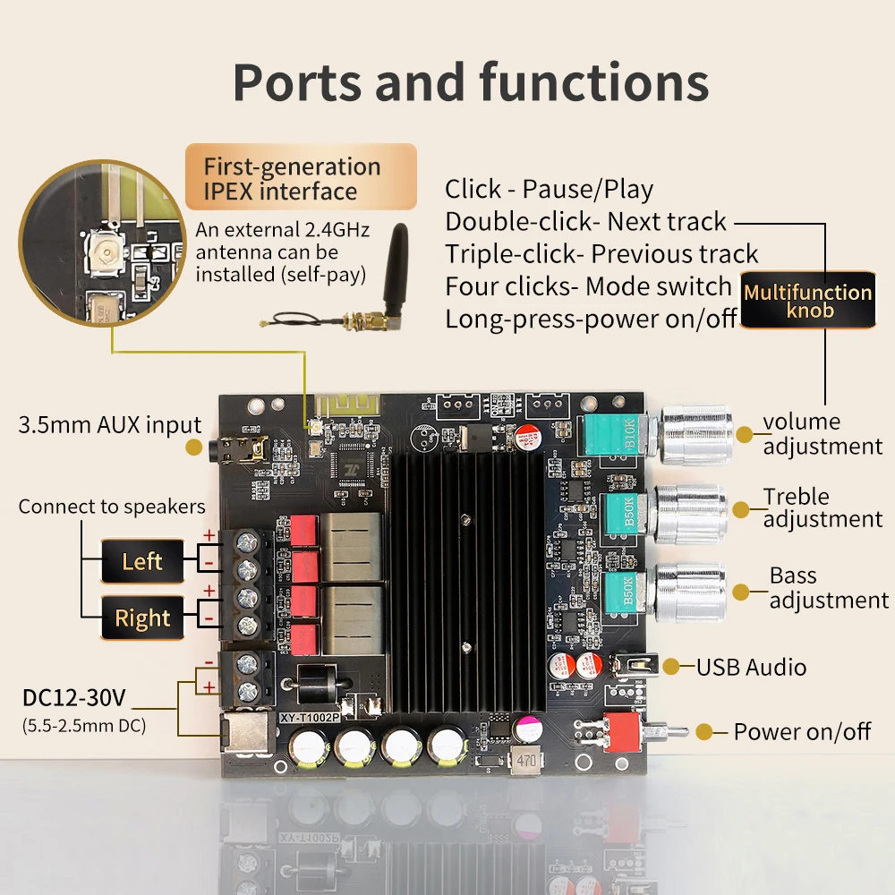 DC12-30V BT5.2 Digital Amplifier Board 2*100W Stereo TPA3221 Amplifier Chip BT/AUX/U Disk/USB Input