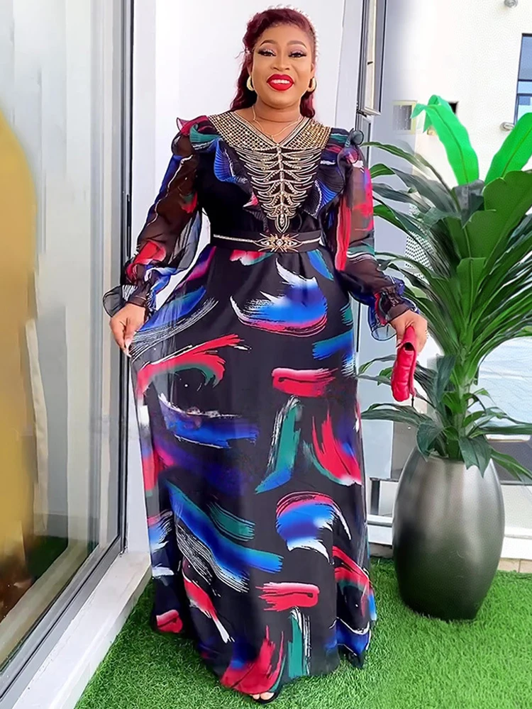 

2024 Autumn Chiffon Long Dresses For Women African Dashiki Print Maxi Robe Party Evening Gowns Office Ladies Long Sleeve Dress