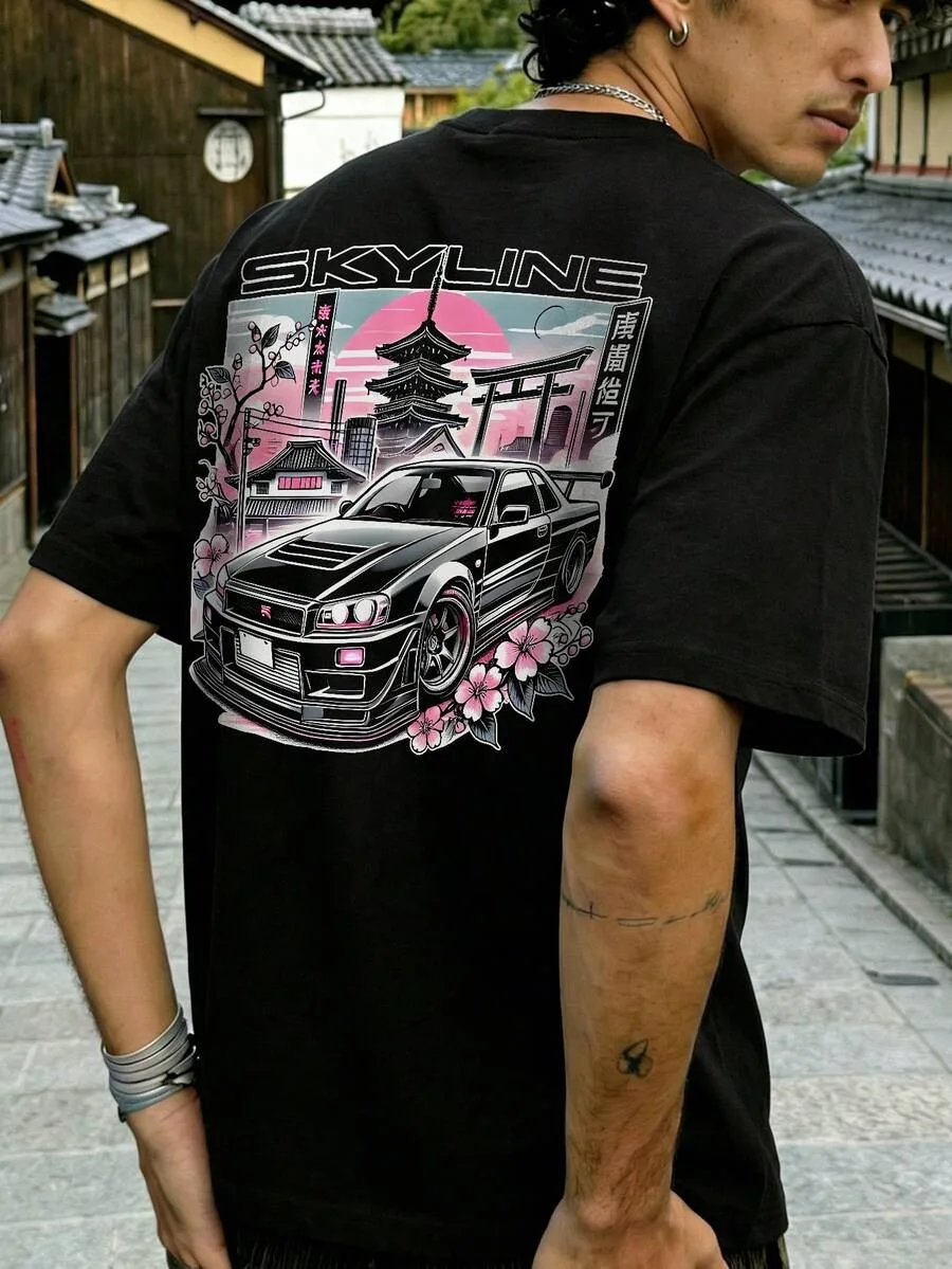 Fractyr Men's Fashionable Printed Loose Short Sleeve T-Shirt Exquisite Design Racing Car & Cherry Blossom Print Summer Essential