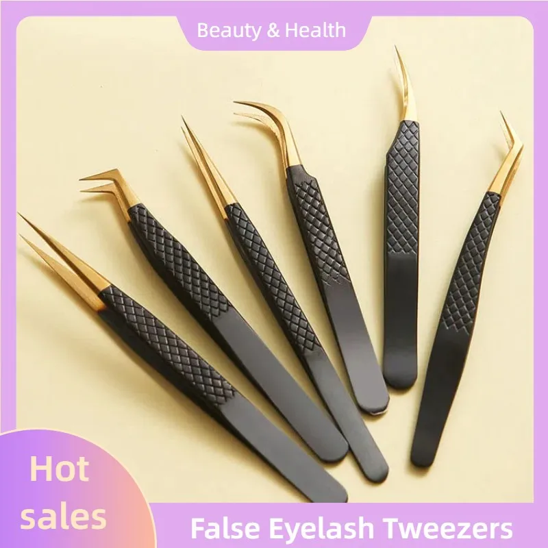 6 Type False Eyelash Tweezers For Fake Eyelashes Curved Strip Lashes Black Gold Precision Mesh Clamp Tongs Nail Art Makeup Tool