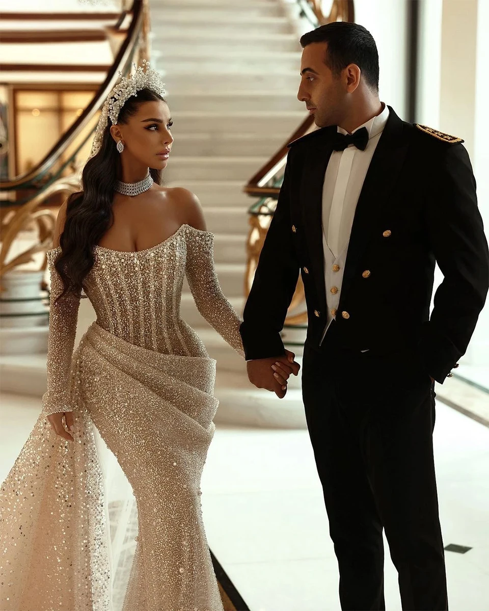 Saudi-Dubai-Glitzer-Meerjungfrau, schulterfrei, formelles Abendkleid 2025, lange Ärmel, glitzernde Pailletten, Damen-Feier-Party-Abschlussballkleid