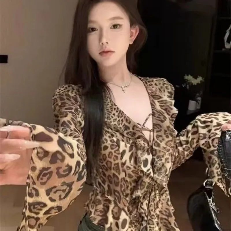 Vintage Harajuku Leopard Print Ruffle Shirt Women Slim Blouse Y2k Streetwear Spring Summer Shirts Punk Gothic Tops Sexy V-neck