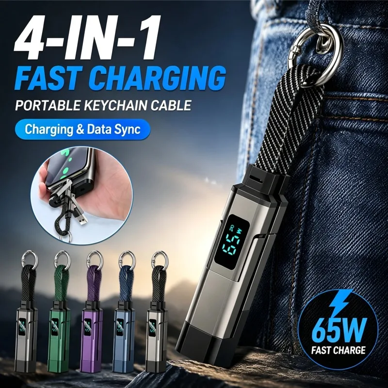 4 in 1 PD Fast Charging Cable LED Power Display Lanyard Keychain USB C To Type C Cable Cord For iPhone 17 16 Samsung