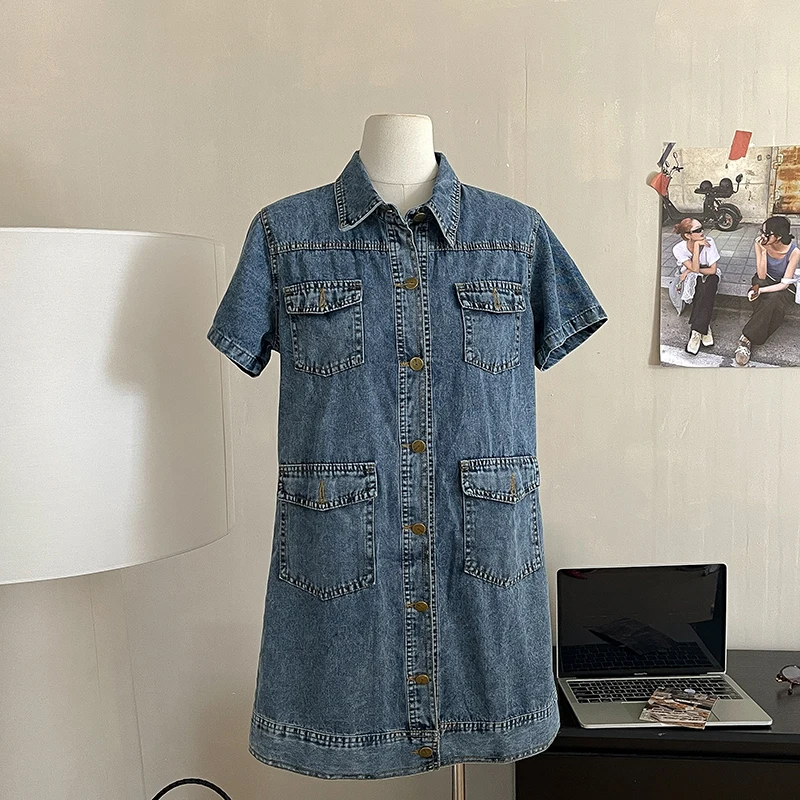 Dames denim shirtjurken 2023 zomer nieuwe retro jurk met enkele rij knopen en korte mouwen losse casual mode zakkenjurk