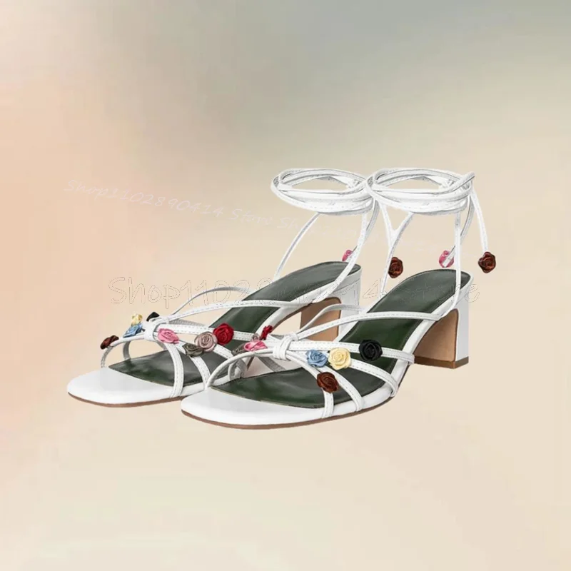 Colorful Appliques Decor White Open Toe Sandals Lace Up Women Shoes Chunky High Heels New Party Banquet 2024 Zapatos Para Mujere