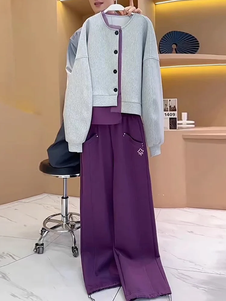 

Anti-Aging Fashion Set Women's Grey Hemispheric Coat Top Purple Wide Leg Pants Two-Piece Set Autumn 2026 Casual Sportswear