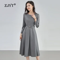 ZJYT Elegant Ladies Autumn Dresses 2024 New Women Long Sleeve O Neck Solid Brief Style Midi Office Dress Female Vestidos Robe