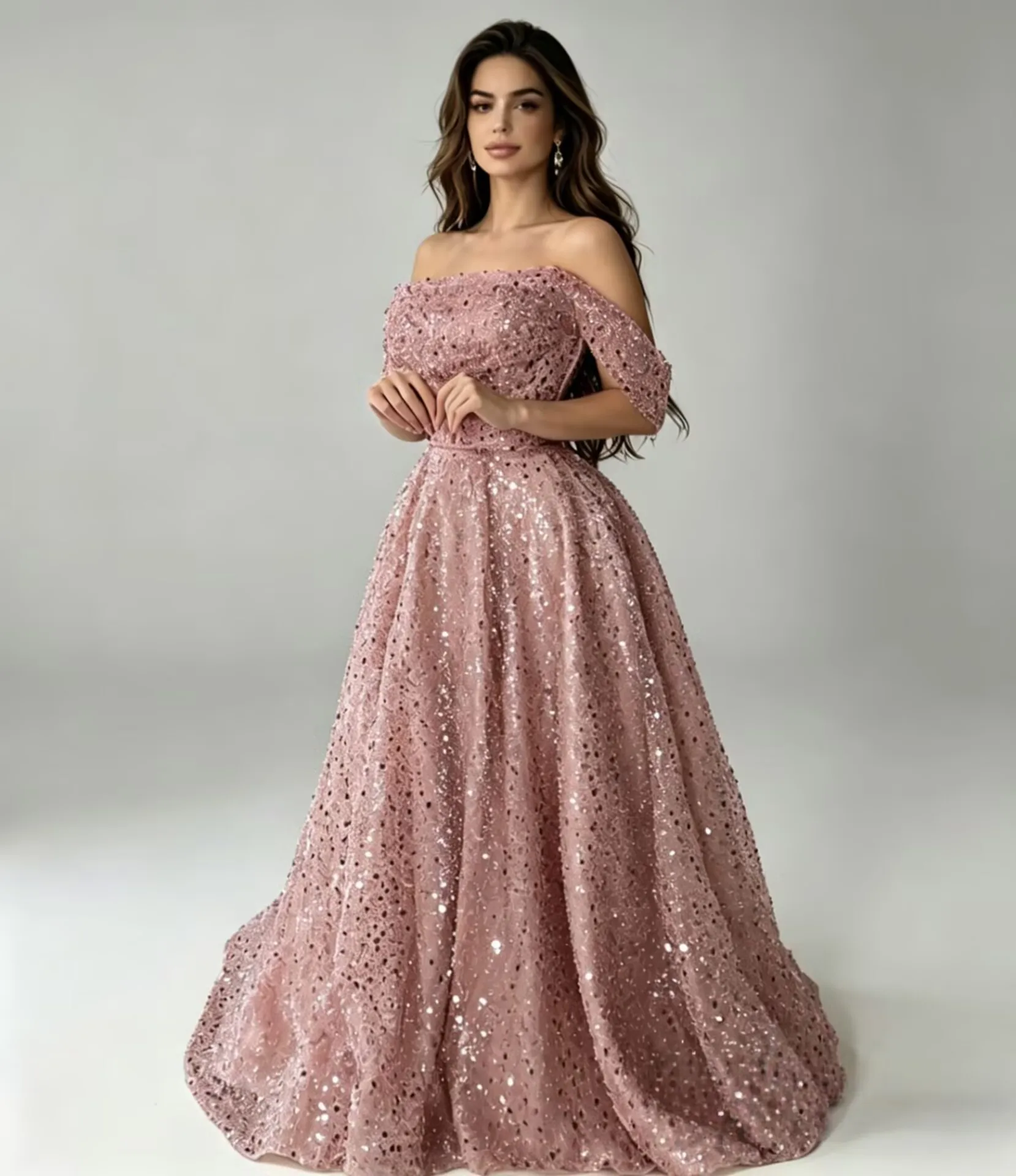 

Luxury Shiny Sequines Evening Dresses Pink A Line Off The Shoulder Prom Dresses 2025 Long Fashion Formal Celebrity Prom Gowns
