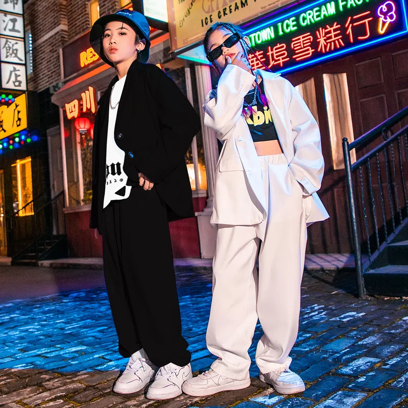 

Children Spring Clothing Girl Boy White Oversized Blazer Jacket Top & Baggy Pants Teen Streetwear Costume Kids Hip Hop Set 3-16Y