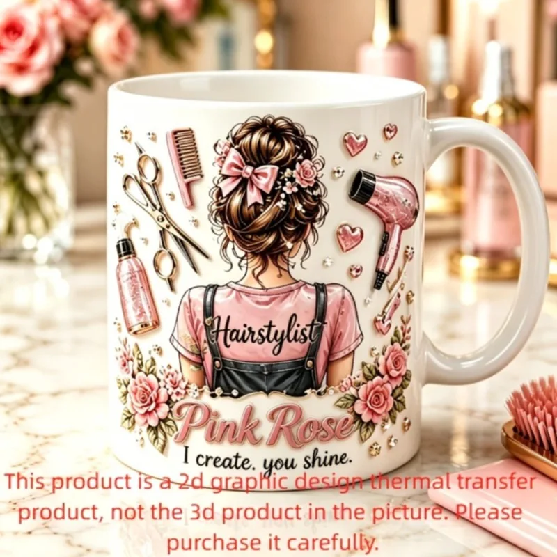 Personalized Hairstylist Mug Custom Name 2D Flat Print Pink Rose Ceramic Coffee Cup Gift for Hair Salon Stylist Christmas Thanks