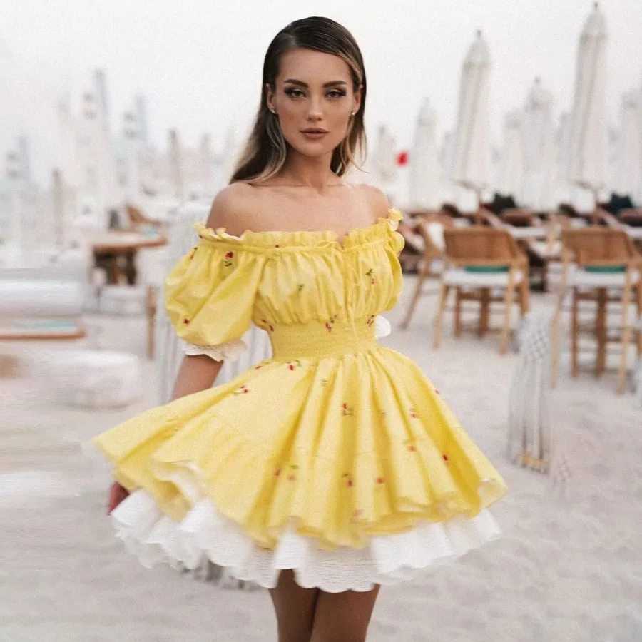 white christmas dresses One Shoulder Yellow Chic Tulle Homecoming Dress Cute Graduation Dress US0 / Custom Color main image 0