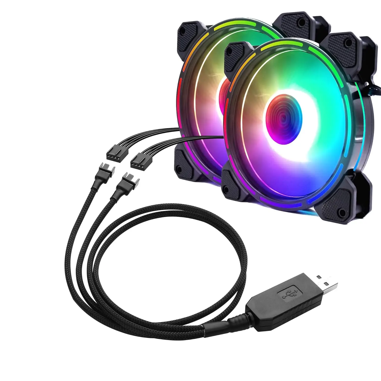 12V Step-Up USB to Dual PC Fans Power Adapter Cable, Black Sleeved - Full Fan Speed Adapter for 3-Pin/4-Pin Cooling Fans 0.5M