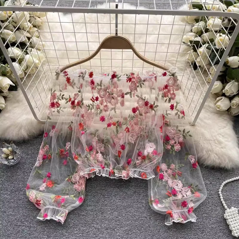 Top Corto de Manga Larga para Mujer con Bordado Floral y Malla, con Volantes en el Bajo, Suave, Cómodo, Versátil, Moderno, Informal, para el Día a Día
