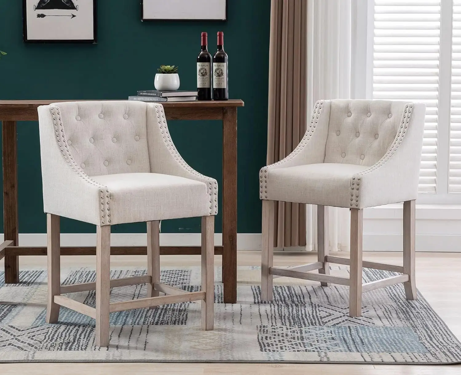 Counter Height Bar Stools Set Of 2 Mid Century Modern Farmhouse Barstools Tufted Wooden Bar Chairs Upholstered Island Stool