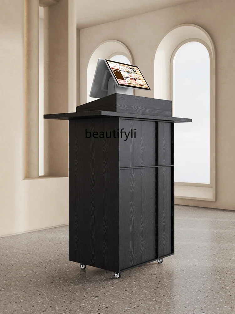 Restaurant Guide Desk Black Wood Grain Shopping Guide Desk Store Wheeled Mobile Information Desk